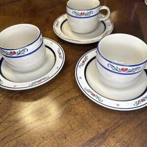 (3) Tienshan Stoneware Cup & Saucer Set FOLK DANCE Rose Heart Cobalt Blue Trim